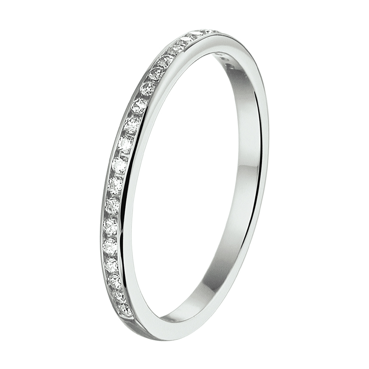 Stijlvolle witgouden aanschuifring met een schitterende rij van zirkonia en een poli afwerking. Tip: Combineer deze ring met andere aanschuifringen voor een subtiele en elegante look.