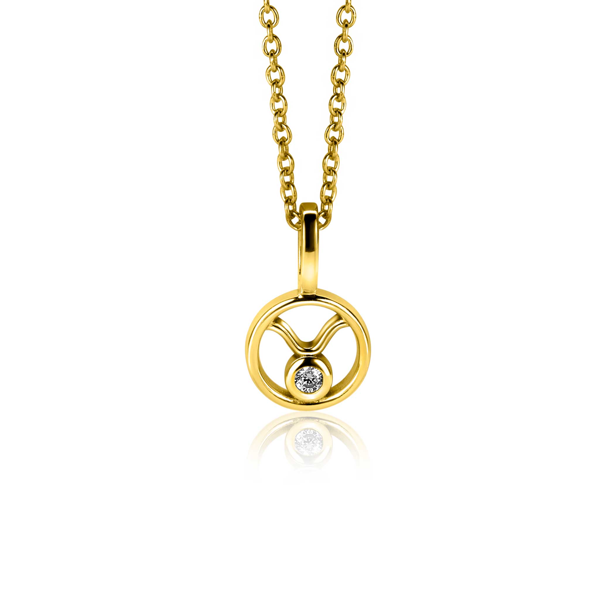 ZINZI gold plated zilveren sterrenbeeldhanger Stier (20/4 - 20/5), in 9mm diameter. De hanger is speels bezet met witte zirconia. Vervaardigd van eerste gehalte zilver (925) en extra geel verguld. De hanger is exclusief ketting geprijsd.