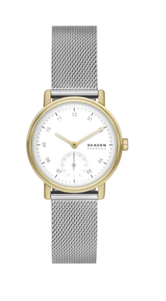 Skagen dames polshorloge staal met stalen band bicolor collectie Kuppel Lille. 5 ATM waterdicht.