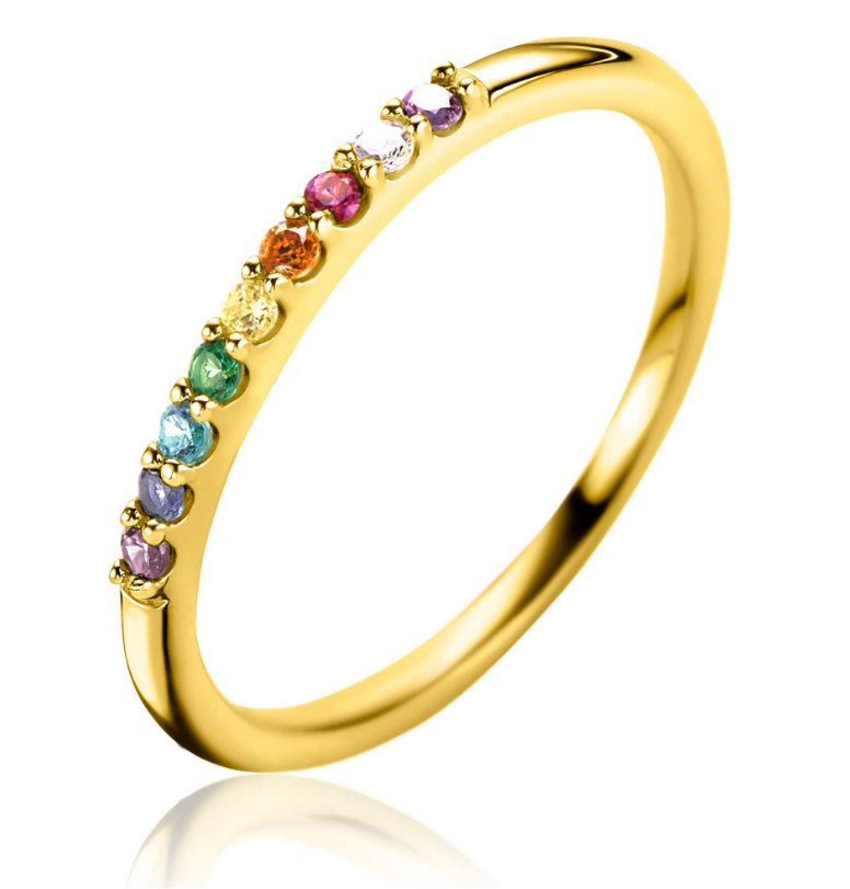 ZINZI gold plated zilveren aanschuifring met regenboog kleurstenen, sierlijk gezet in chaton zettingen. Deze ring is 2mm breed. Ideaal om te combineren met je andere Zinzi aanschuifringen. Mix & match. Vervaardigd van eerste gehalte zilver (925) en voorzien van een extra geel vergulding.