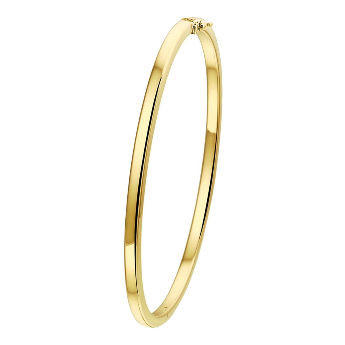 Geelgouden bangle met een 3mm vlakke buis en stevige scharnier sluiting. De bangle is ook verkrijgbaar in het witgoud en rosegoud.