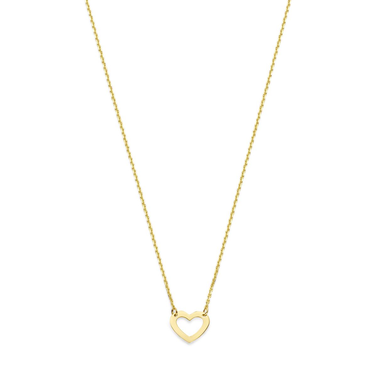 14k Geelgouden collier uitgevoerd met een hartvormig hangertje. Het collier heeft draaglengtes van 41, 43 en 45cm. Het hartje heeft een afmeting van 6.5x8mm.