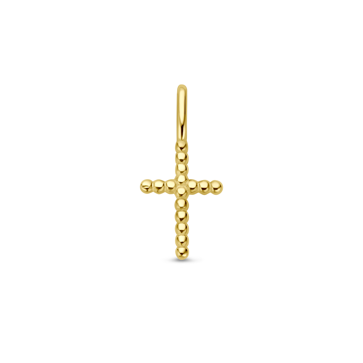 14k Geelgouden hanger uitgevoerd in de vorm van een kruis. Het kruis heeft een afmeting van 13.5x6mm.
