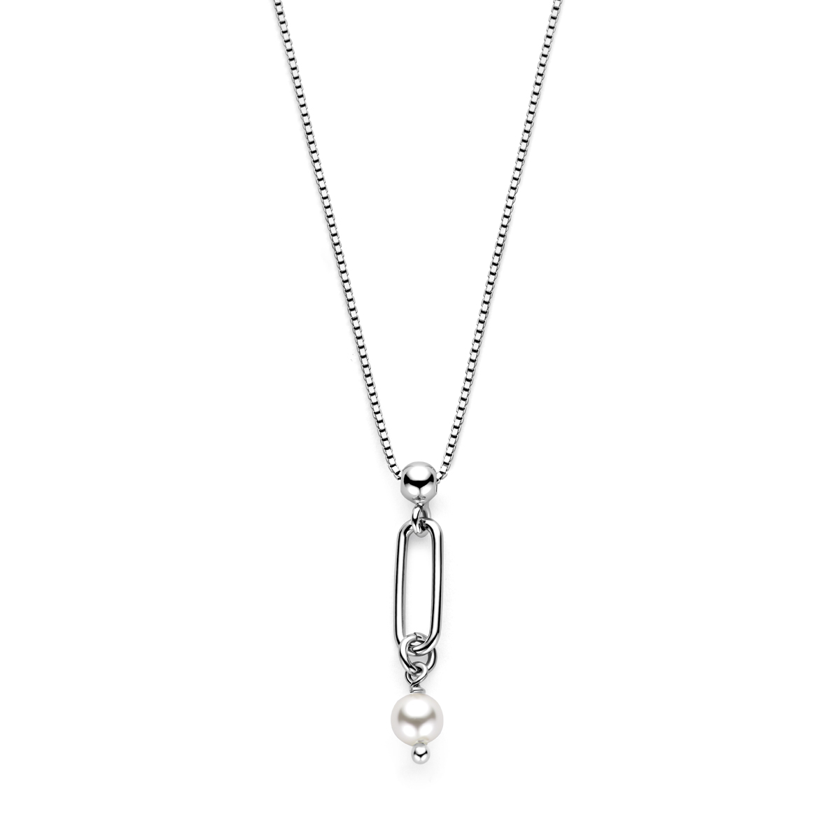 Gerhodineerd 925 zilveren collier uitgevoerd met swarovski parel. Het collier heeft een draaglengte van 42cm met 3cm extensie. Uitgevoerd met karabijnsluiting.