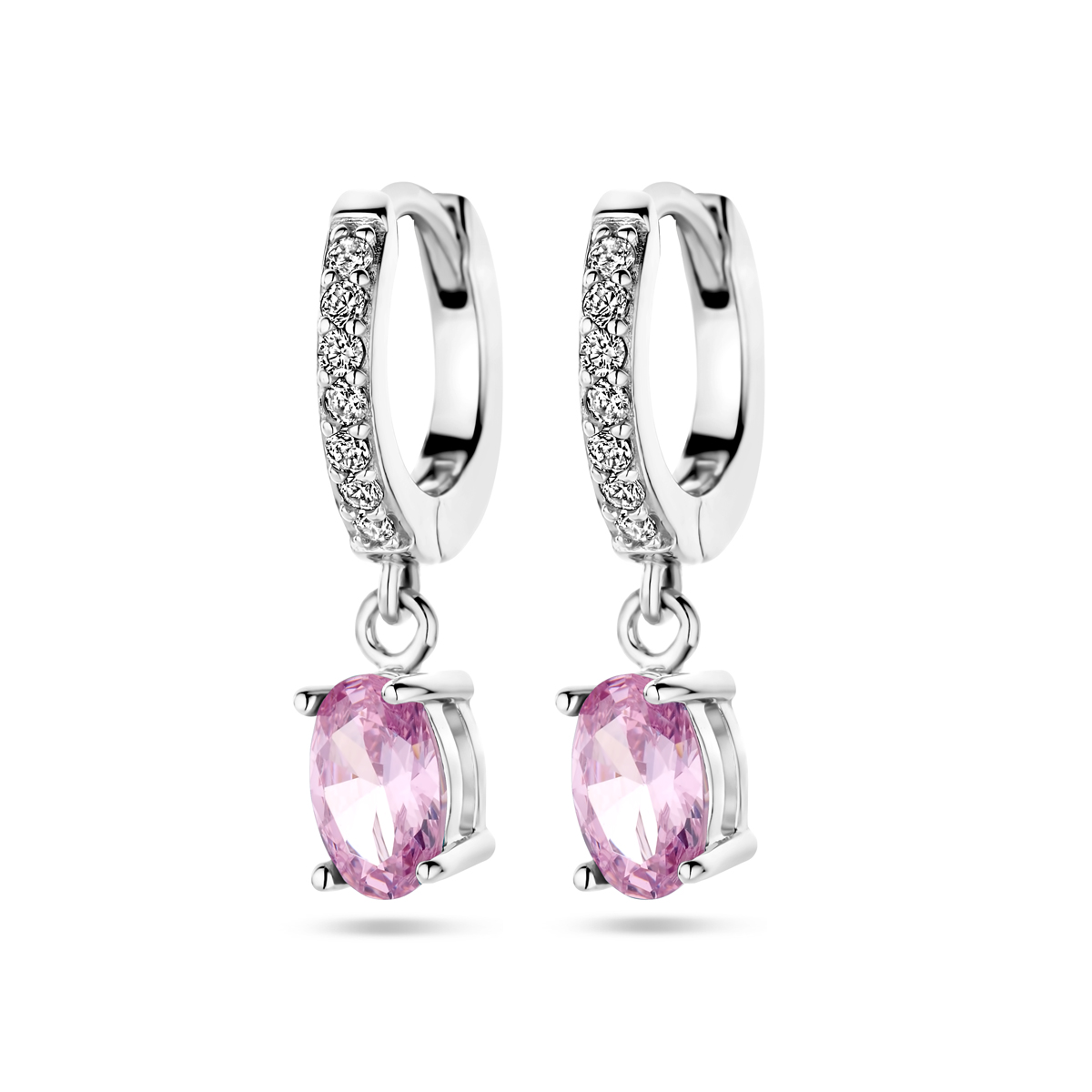 Gerhodineerd 925 zilveren klapoorringen uitgevoerd met witte en roze zirkonia. De totale hoogte is 19mm.