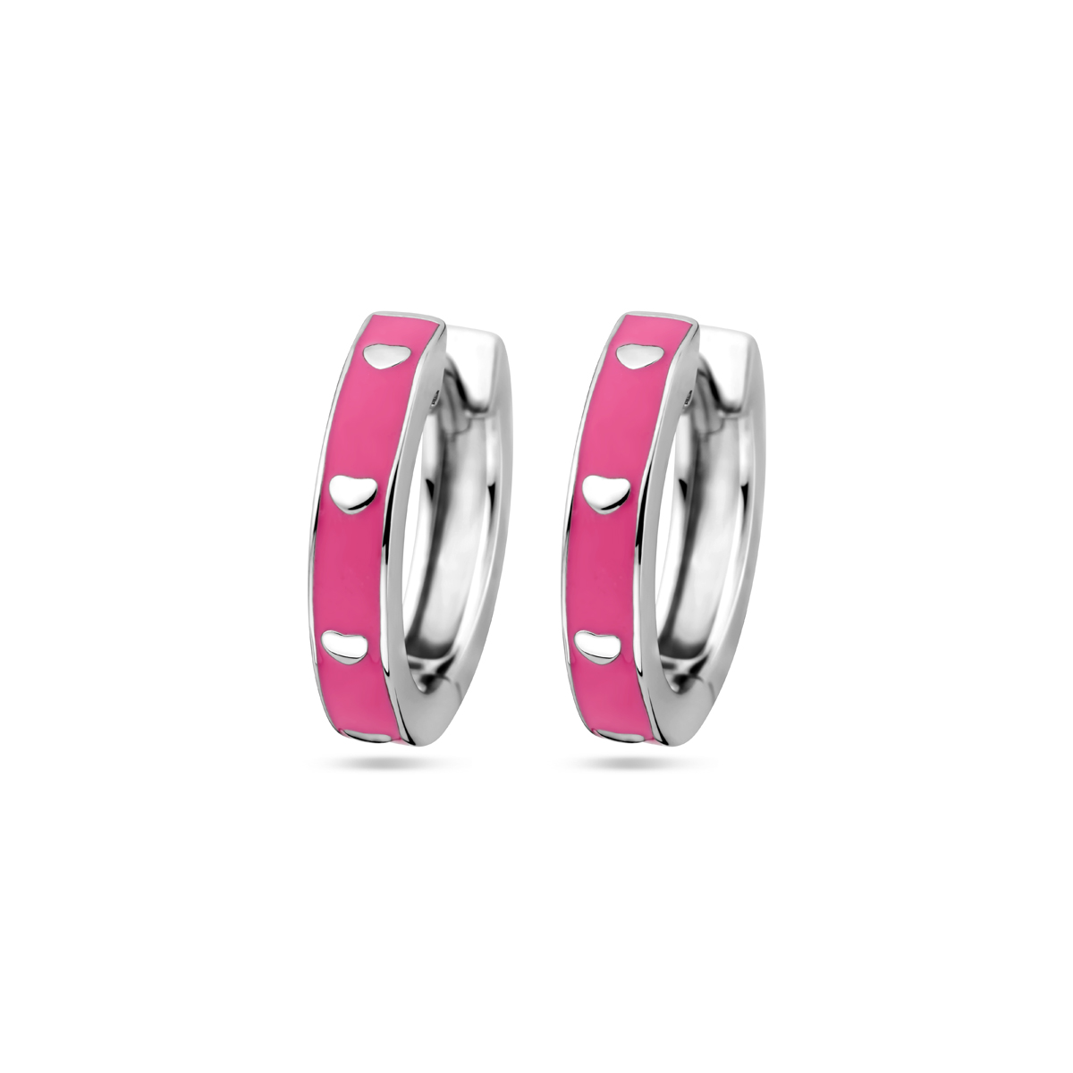 Gerhodineerd 925 zilveren klapoorringen met roze emaille. De oorringen hebben een afmeting van 15x3mm.