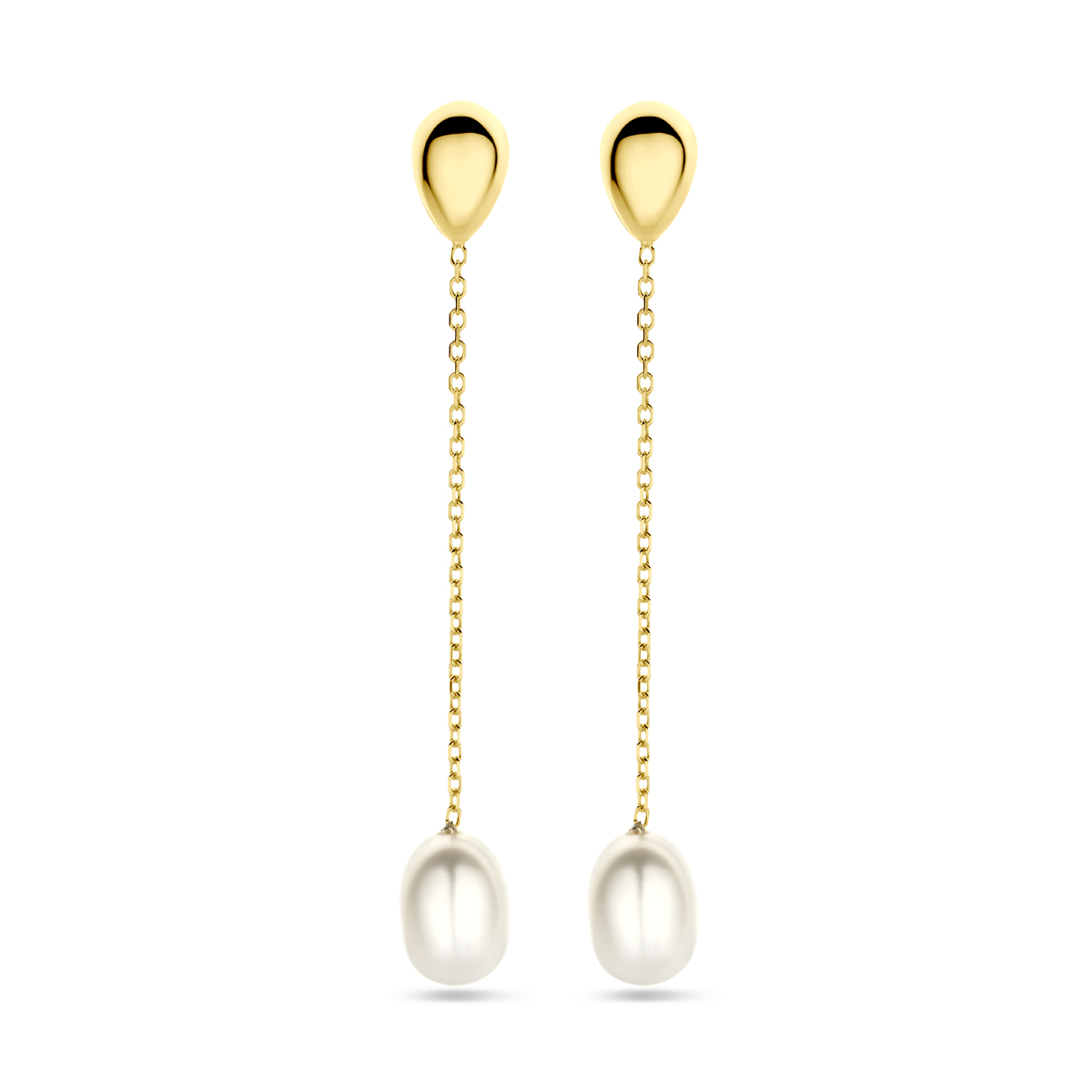 14k Geelgouden oorhangers uitgevoerd met zoetwaterparel. De oorhangers hebben een totale hoogte van 46mm.