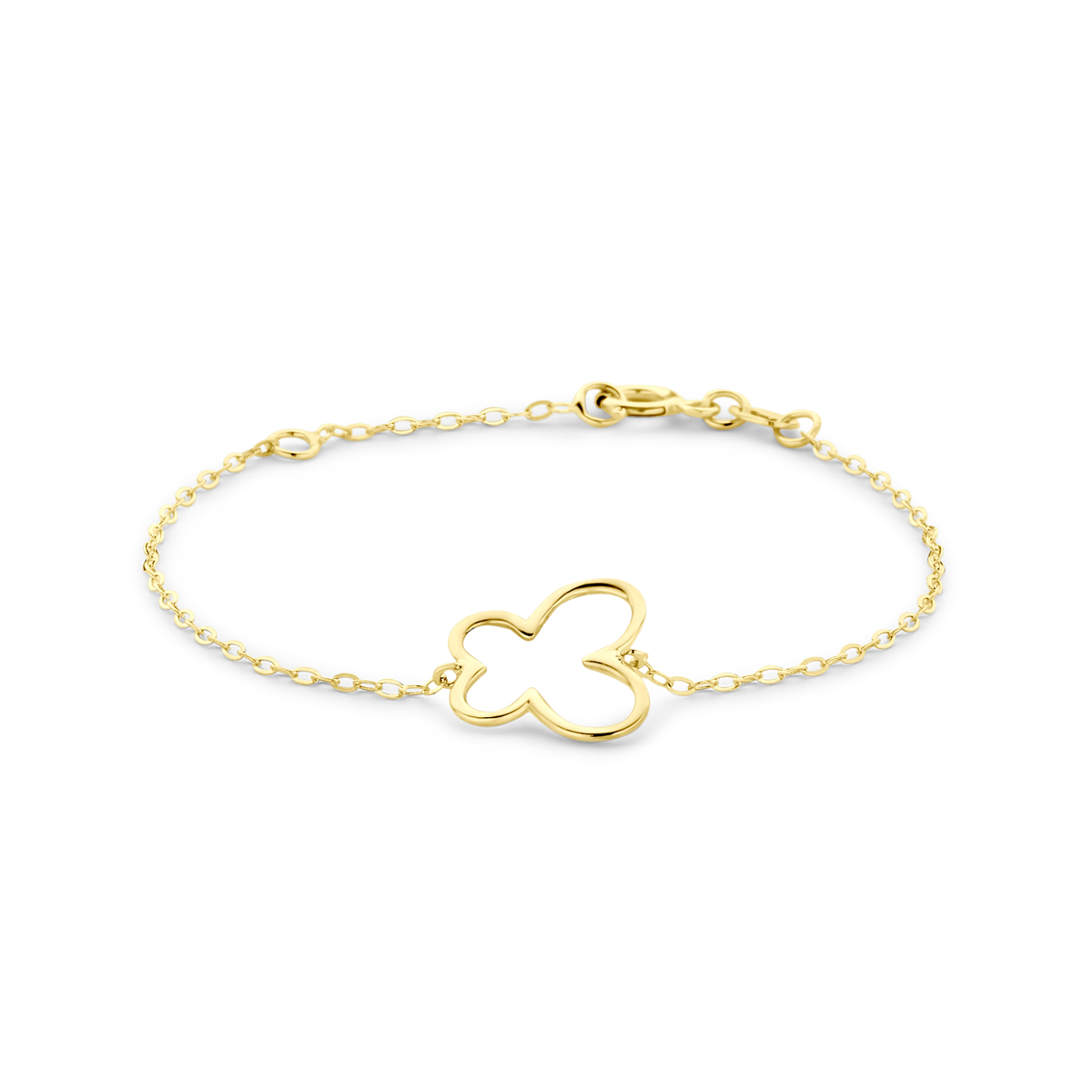 14k Geelgouden armband uitgevoerd met een vlinder. De armband heeft draaglengtes van 11-13cm.
