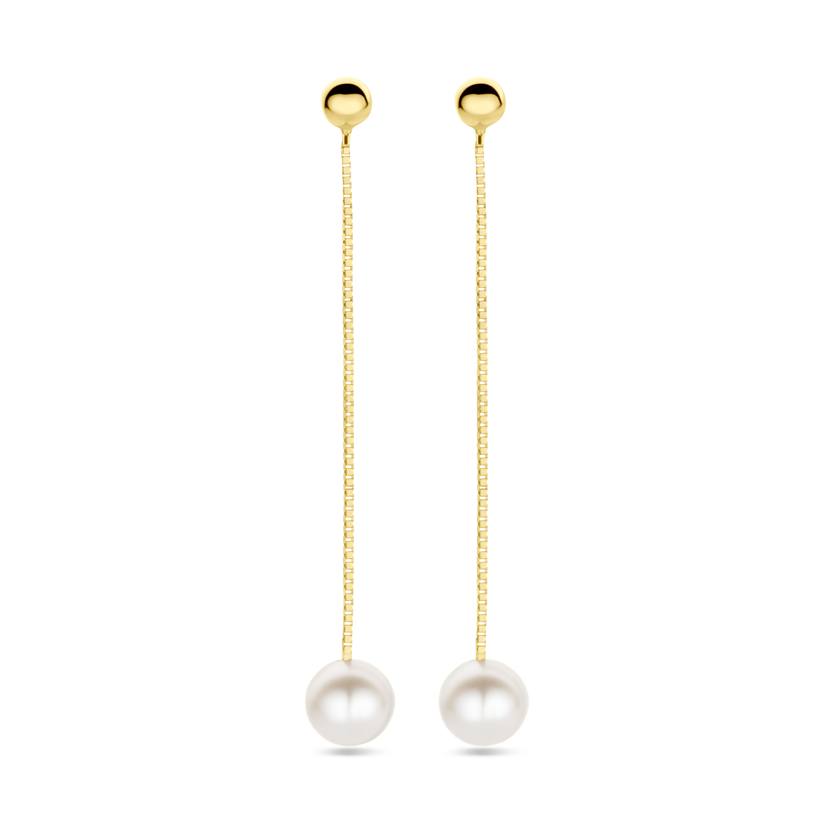 14k Geelgouden oorhangers uitgevoerd met zoetwaterparel. De oorhangers hebben een totale hoogte van 39mm.