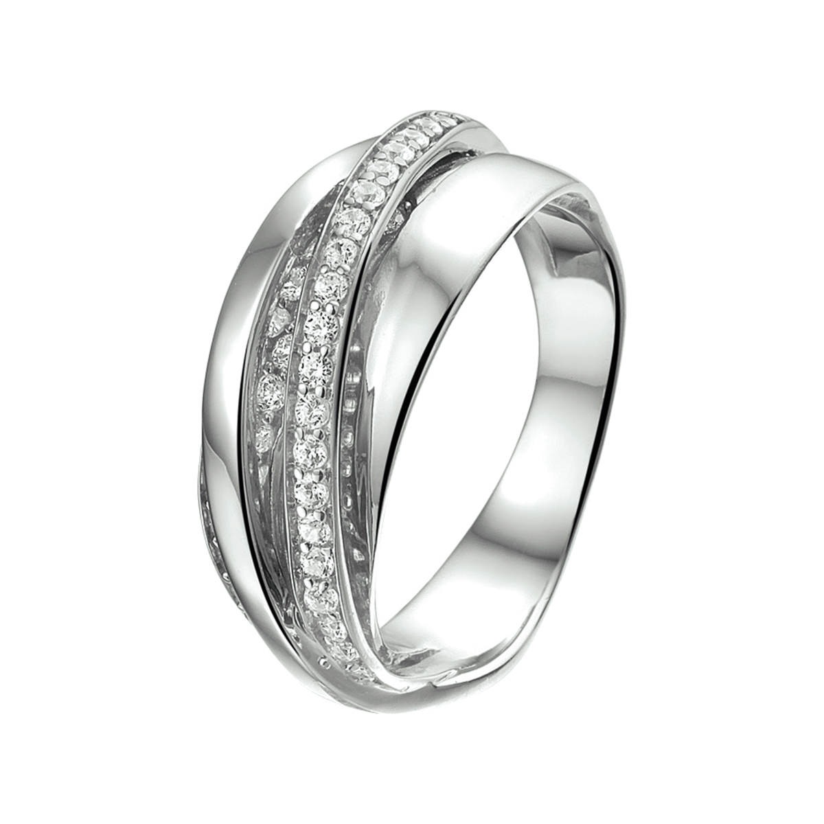 Gerhodineerd zilveren ring met zirkonia. 
Uniekenummer serie: 26892
Doelgroep: dames
Ringmaat: 17.75 mm (56)
Breedte: 9.5 mm
Zetting: pave (rijzetting)