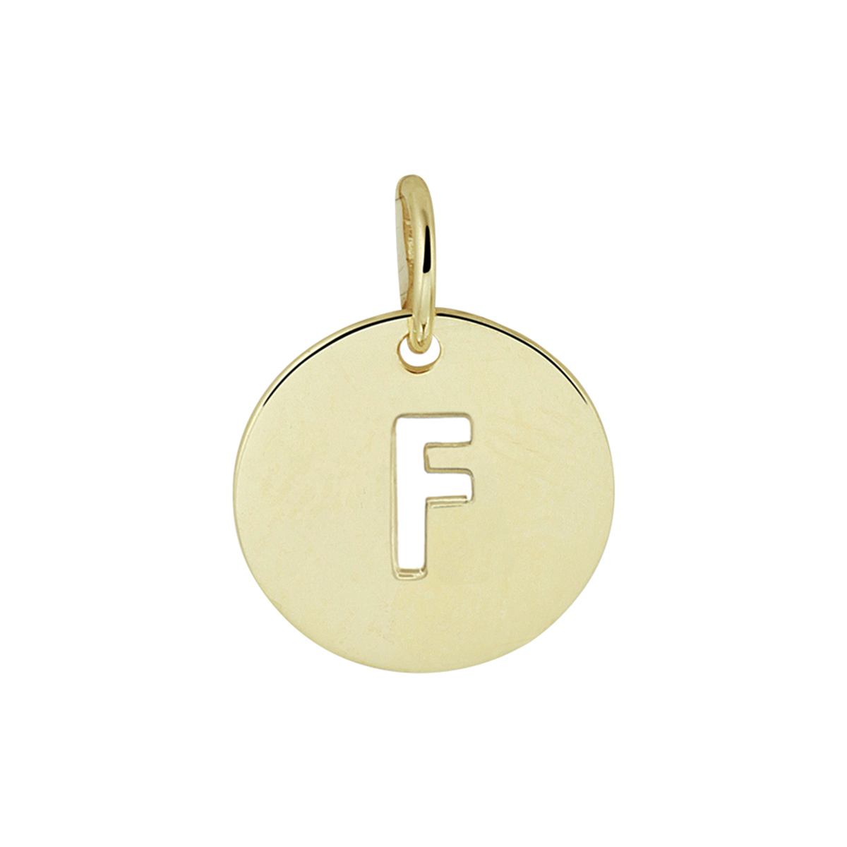 Geelgouden ronde letter F hanger. De hanger heeft een diameter van 10mm en een totale hoogte van 13mm. Tip: Combineer deze betekenisvolle hanger met een bijpassend collier en geef deze cadeau aan een speciaal persoon.