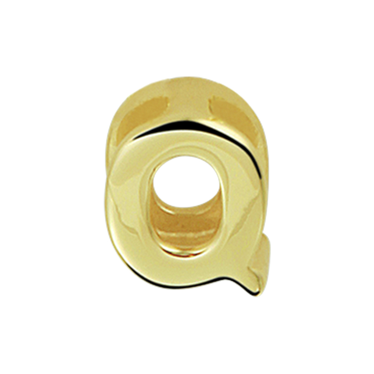 14k Geelgouden hanger uitgevoerd in de letter Q. De hanger heeft een afmeting van 6.0x4.5mm.
