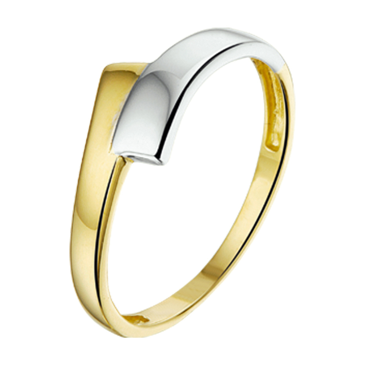 Beschrijving: Bicolor wit- en geelgouden ring met een poli afwerking. 
Doelgroep: dames
Ringmaat: 17.00 mm (53)
Breedte: 6.5 mm