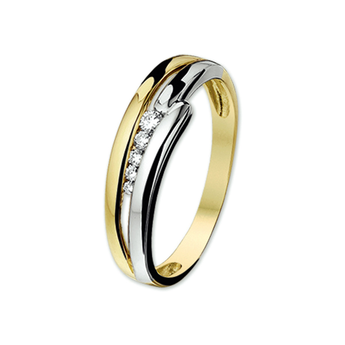 Bicolor wit- en geelgouden ring met diamant. 
Ringmaat: 17.50 mm (55) Breedte: 5.5 mm