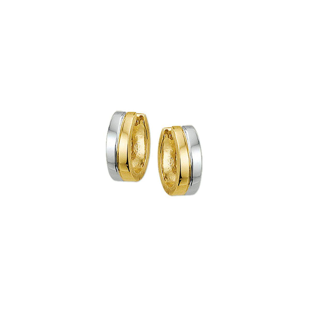 Bicolor wit- en geelgouden klapcreolen gegoten met een vlakke buis. Breedte: 4.5 mm