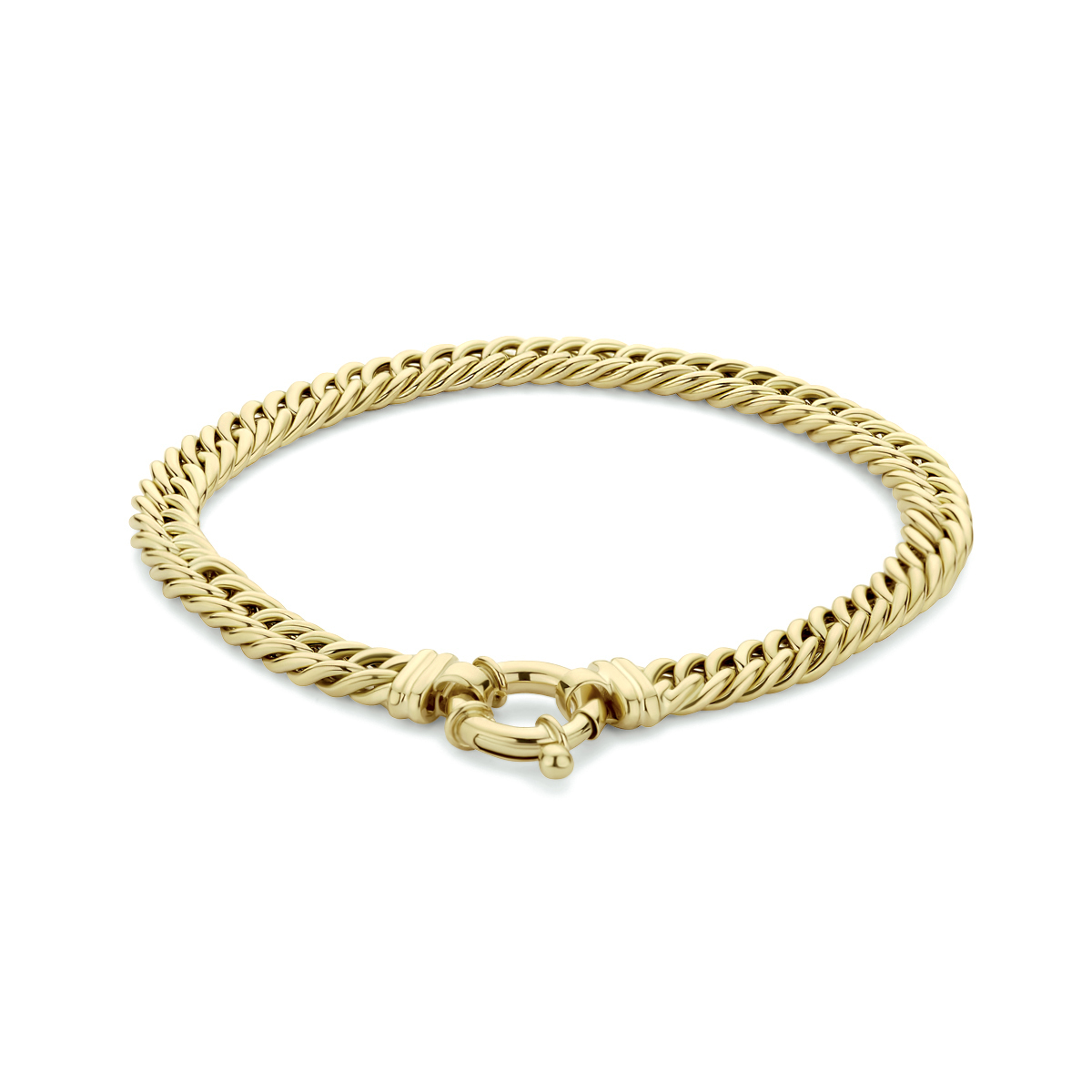 14k Geelgouden gourmet armband met een schakelbreedte van 5.8mm. De armband heeft een draaglengte van 19cm en is uitgevoerd met een groot veerslot.