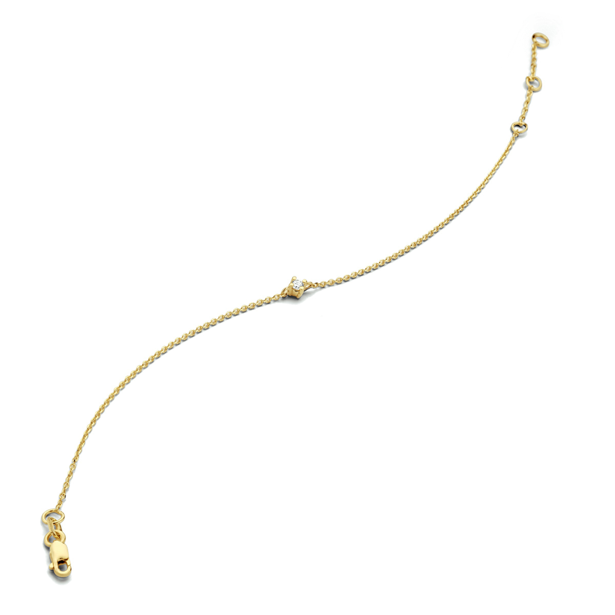14kt. Geelgouden armband uitgevoerd met een schitterende diamant. De armband heeft draaglengtes van 15.5, 17 en 18.5cm.
Met 0.10ct. H/Si diamant.