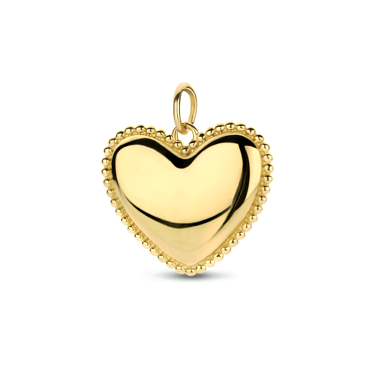 14k Geelgouden hanger in de vorm van een hart. Het hart heeft een afmeting van 14x16mm.