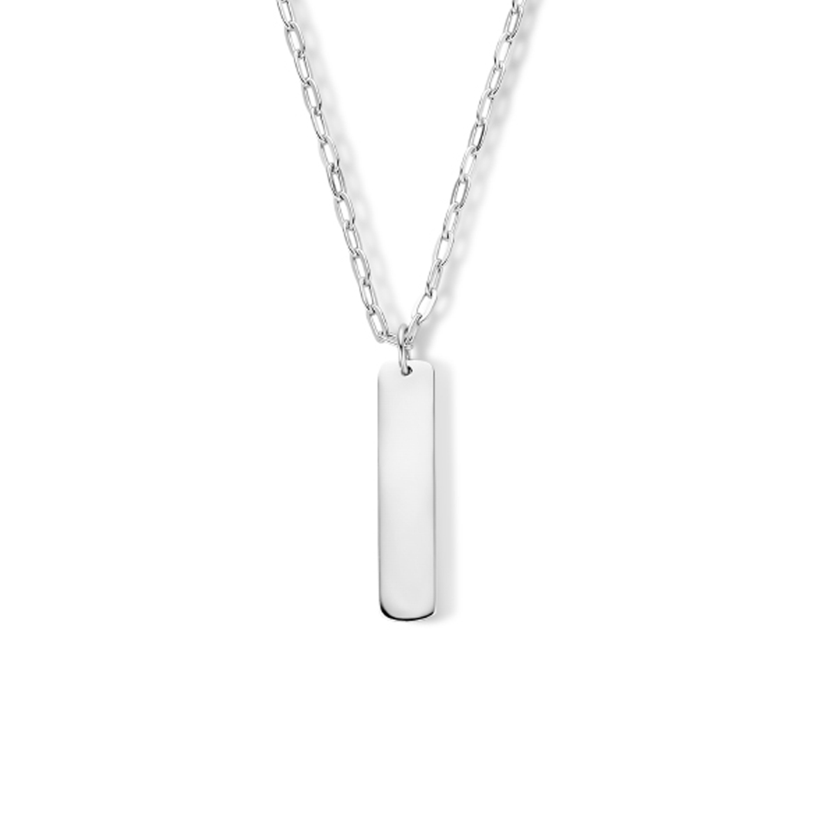 Gerhodineerd 925 zilveren graveercollier met een schakelbreedte van 2mm. Het collier heeft een draaglengte van 41cm en een extensie van 4cm. De plaat heeft een dikte van 1mm.
