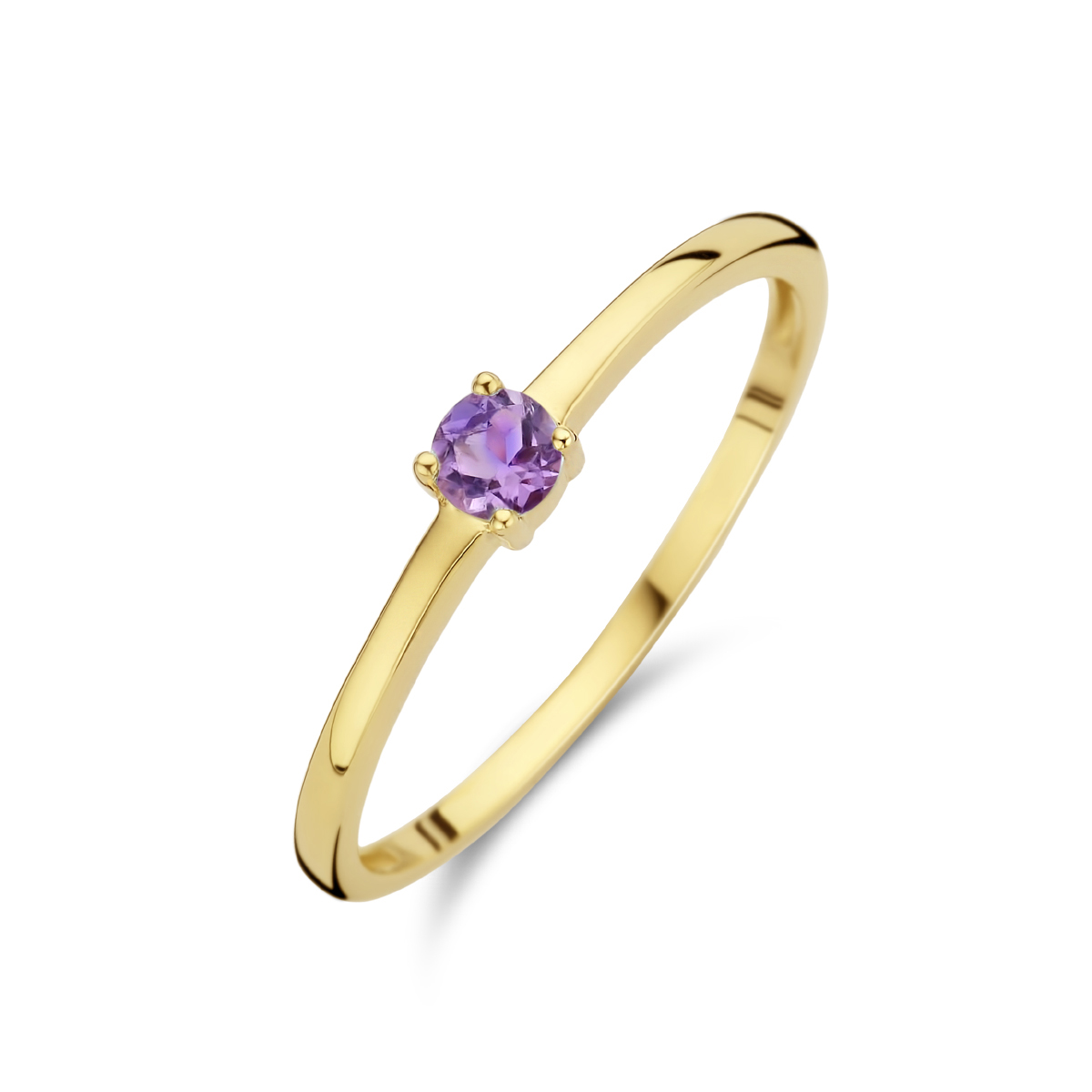 14k Geelgouden ring uitgevoerd met een schitterende amethyst. De ring heeft een breedte van 3mm. De amethyst heeft een steengewicht van 0.12ct.
