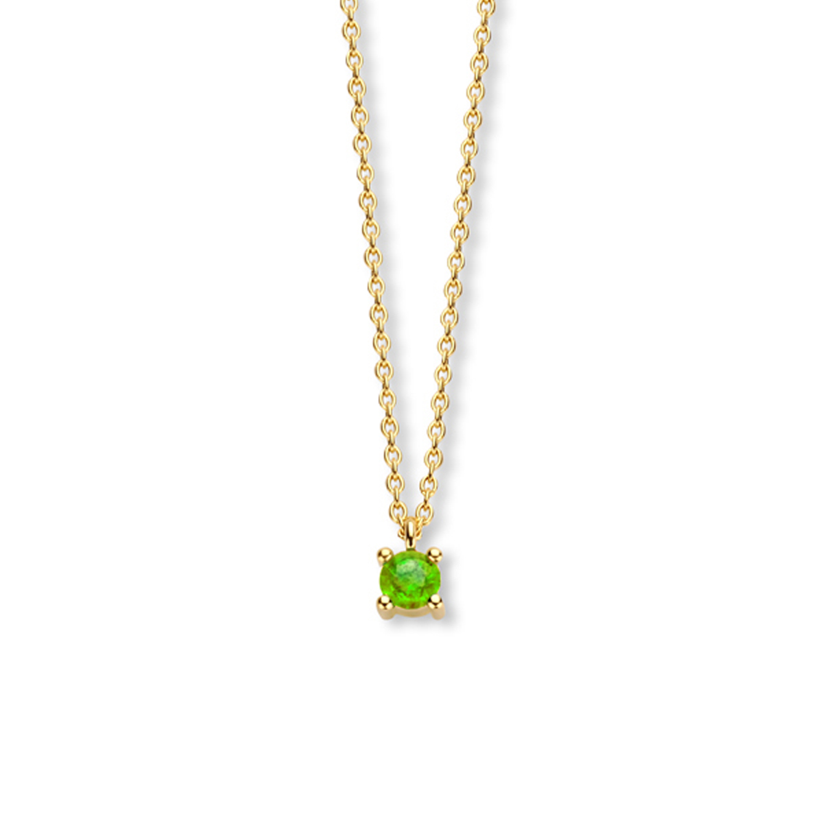 14k Geelgouden collier met een peridot geboortesteen. De peridot heeft een steengewicht van 0.20ct. Het collier heeft draaglengtes van 40, 42 en 44cm. De schakelbreedte is 1.0mm.