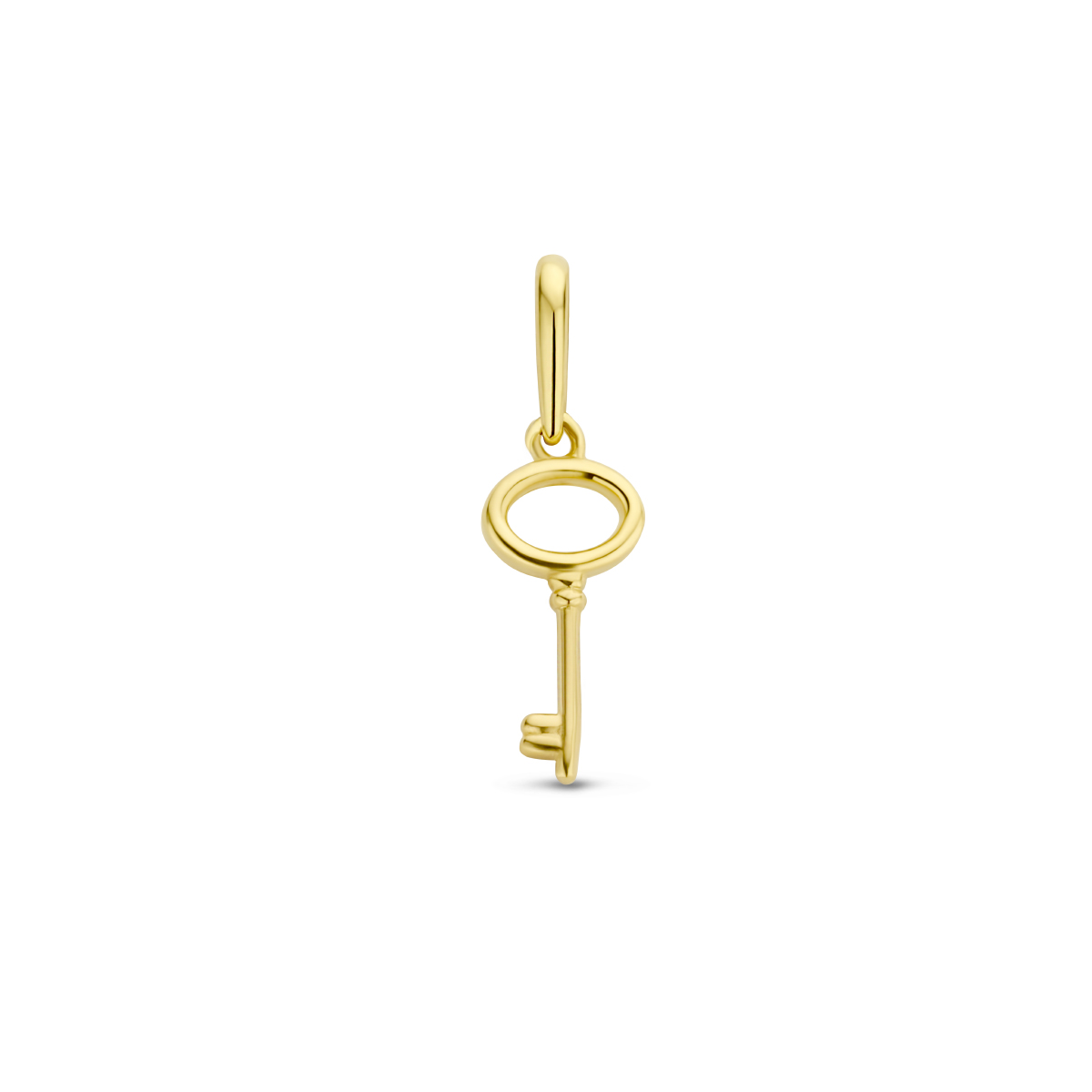 14k Geelgouden hanger in de vorm van een sleutel. De hanger heeft een totale hoogte van 1.6cm.