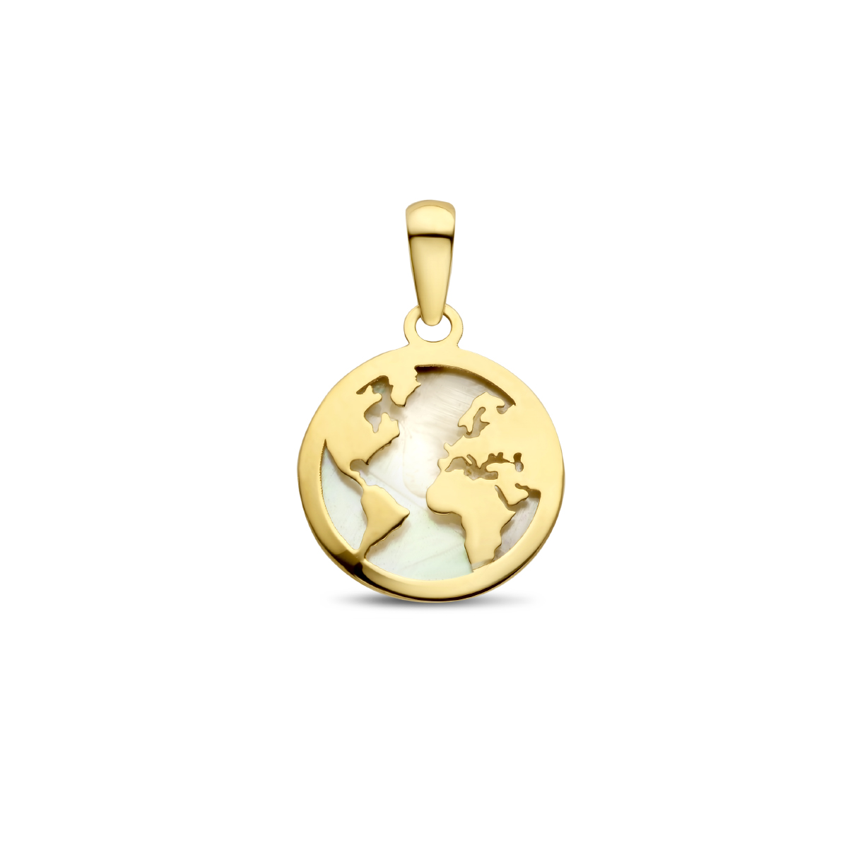 14k Geelgouden hanger in de vorm van een wereldbol. De hanger heeft een totale hoogte van 20mm.