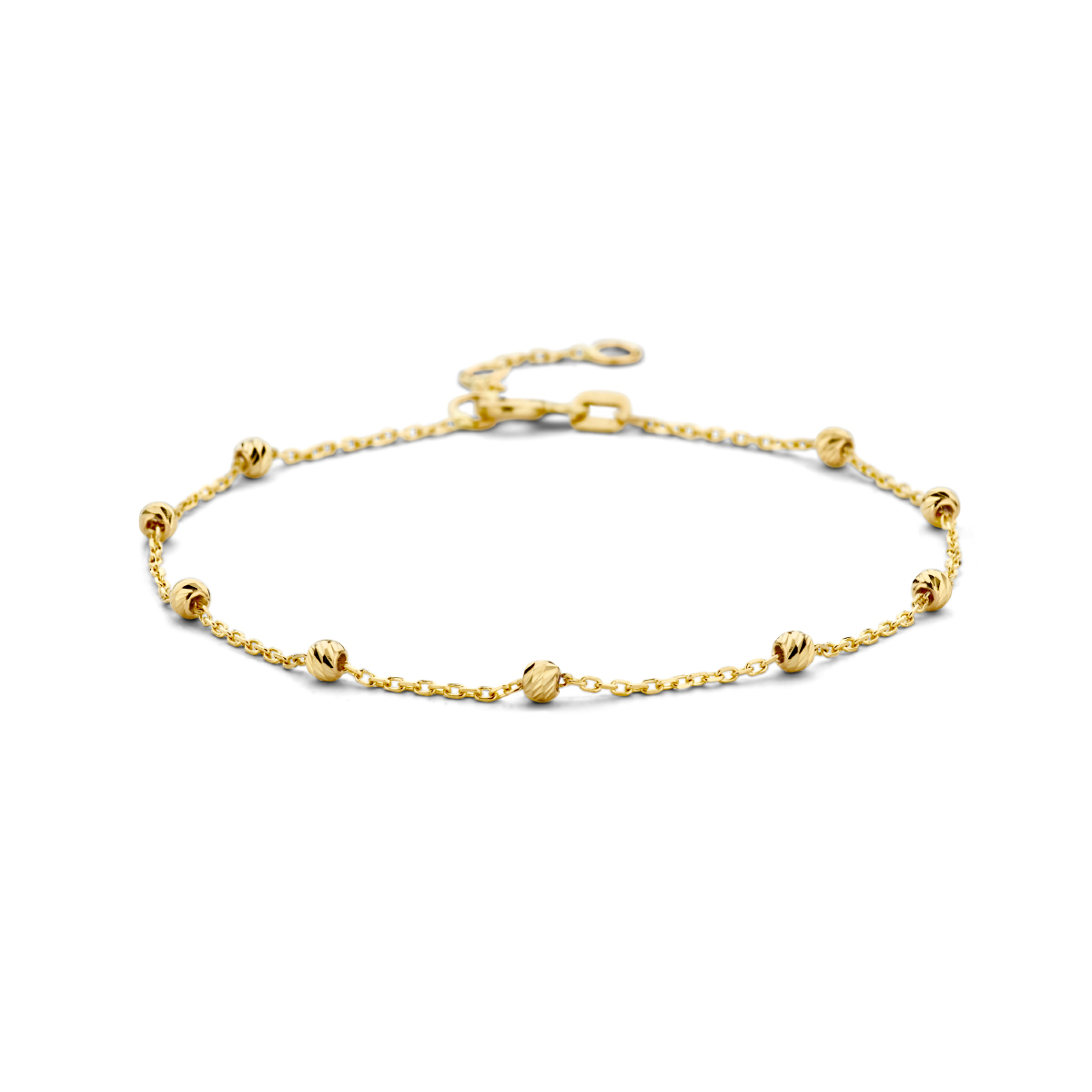 14k Geelgouden armband met een anker schakel en bolletjes van 2.5mm. De armband heeft draaglengtes van 16, 17.5 en 19cm. De schakelbreedte is 1.0mm.