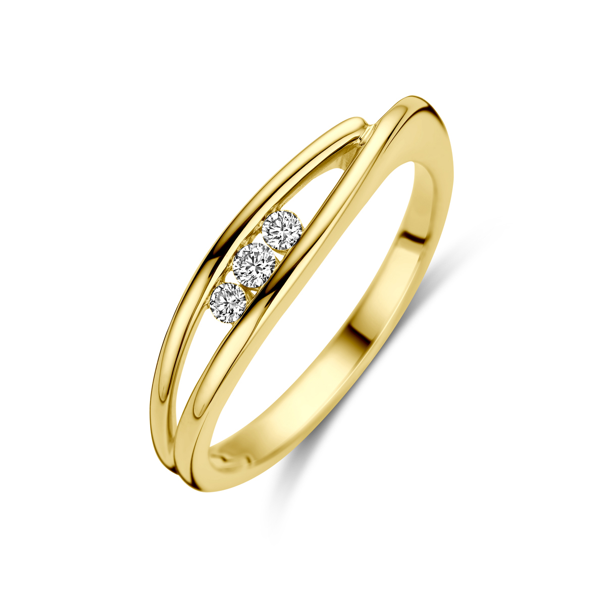 14k Geelgouden ring uitgevoerd met diamanten. De ring heeft een breedte van 4.5mm.
