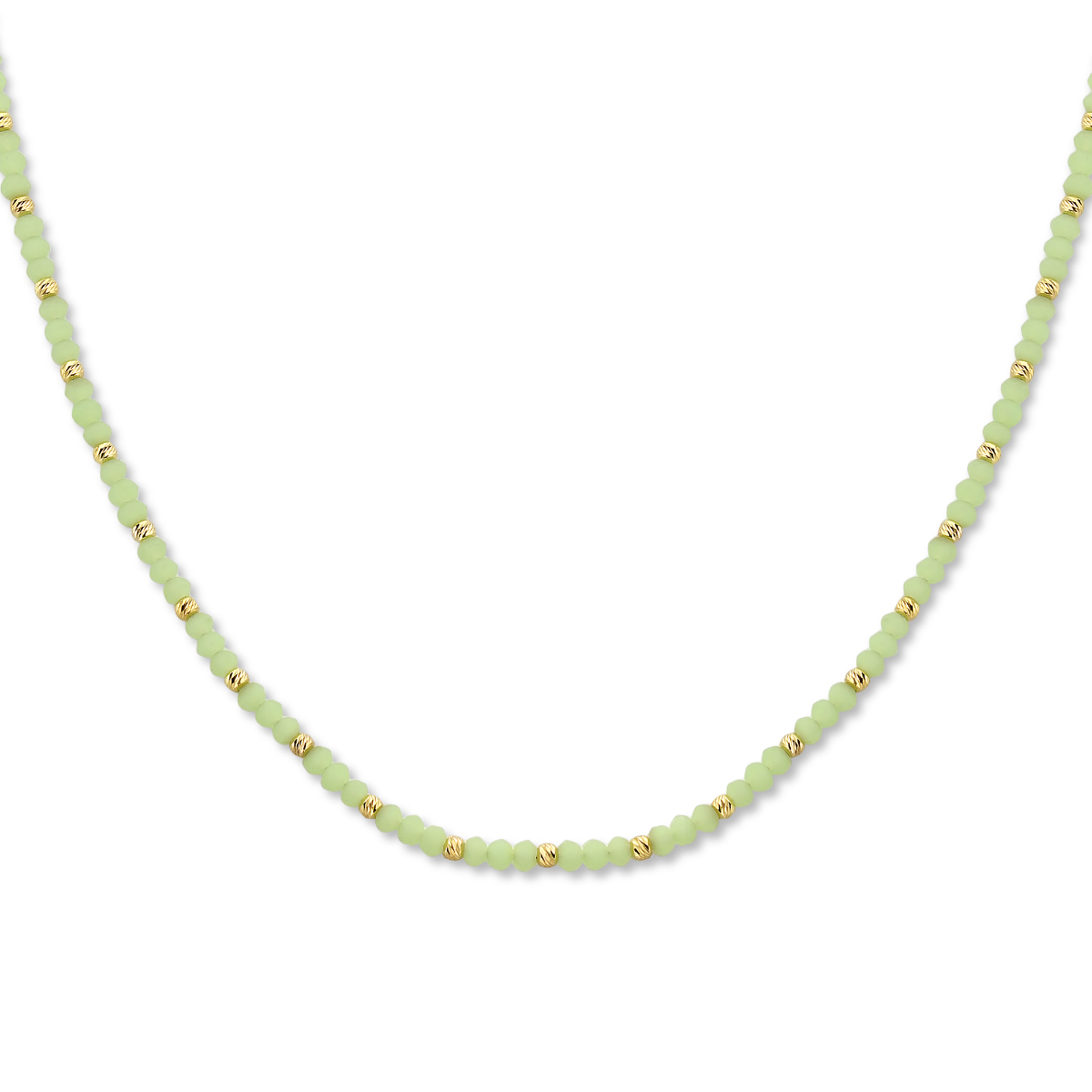 Geelgoud op 925 zilveren collier uitgevoerd met lichtgroen glas en een karabijn sluiting. Het collier heeft een draaglengte van 41cm en een extensie van 4cm. Geen garantie op plating.
