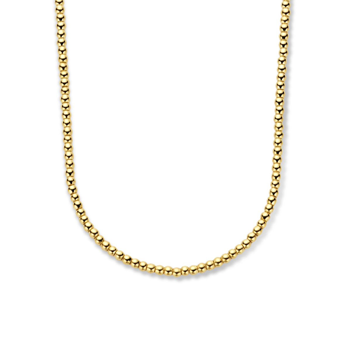 14k Geelgouden collier uitgevoerd met bolletjes van 2mm en een anker schakel van 1mm. Het collier heeft draaglengtes van 41 en 44cm.&nbsp;