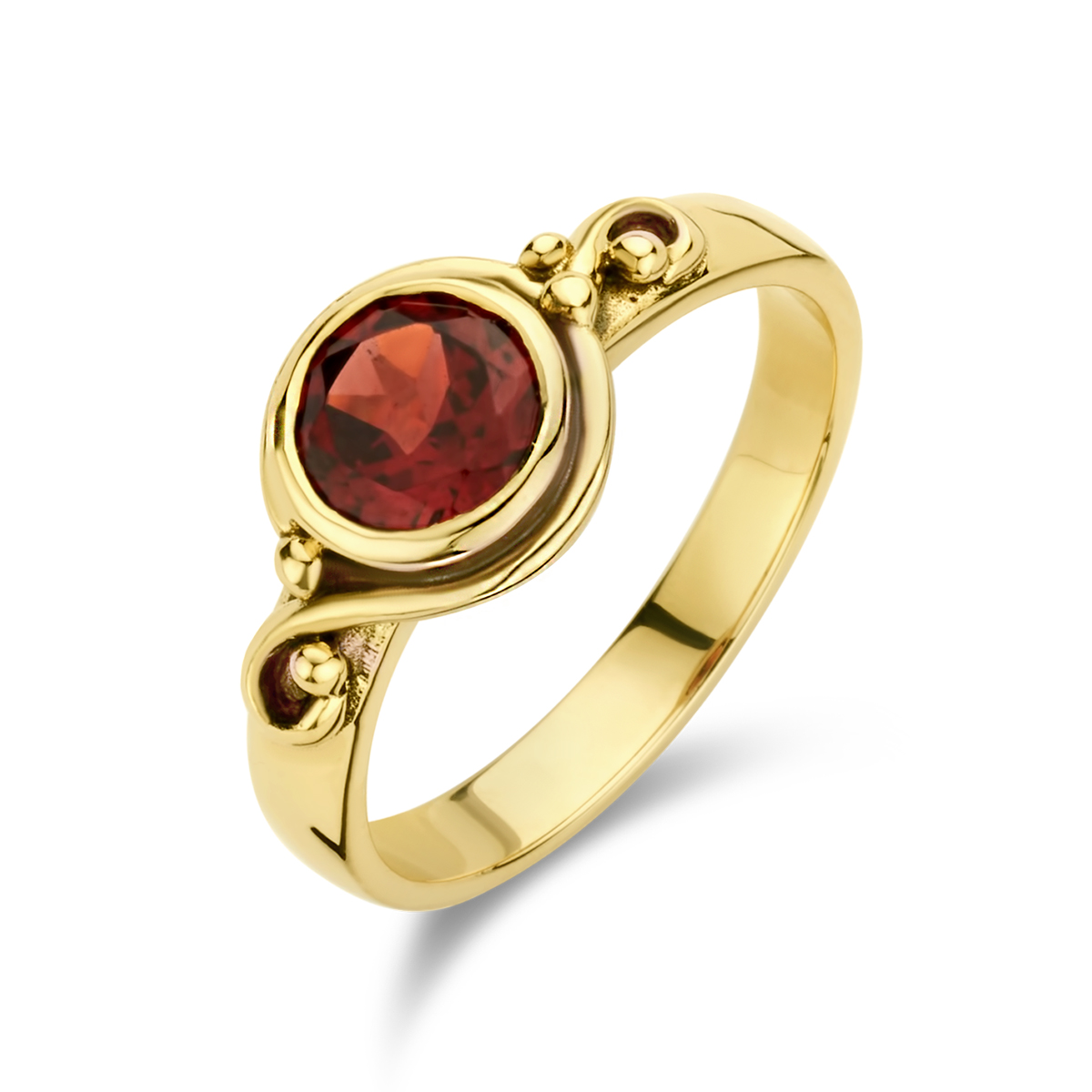 14k Geelgoudenvintagering uitgevoerd met schitterende granaat. De ring heeft een breedte van 9mm.