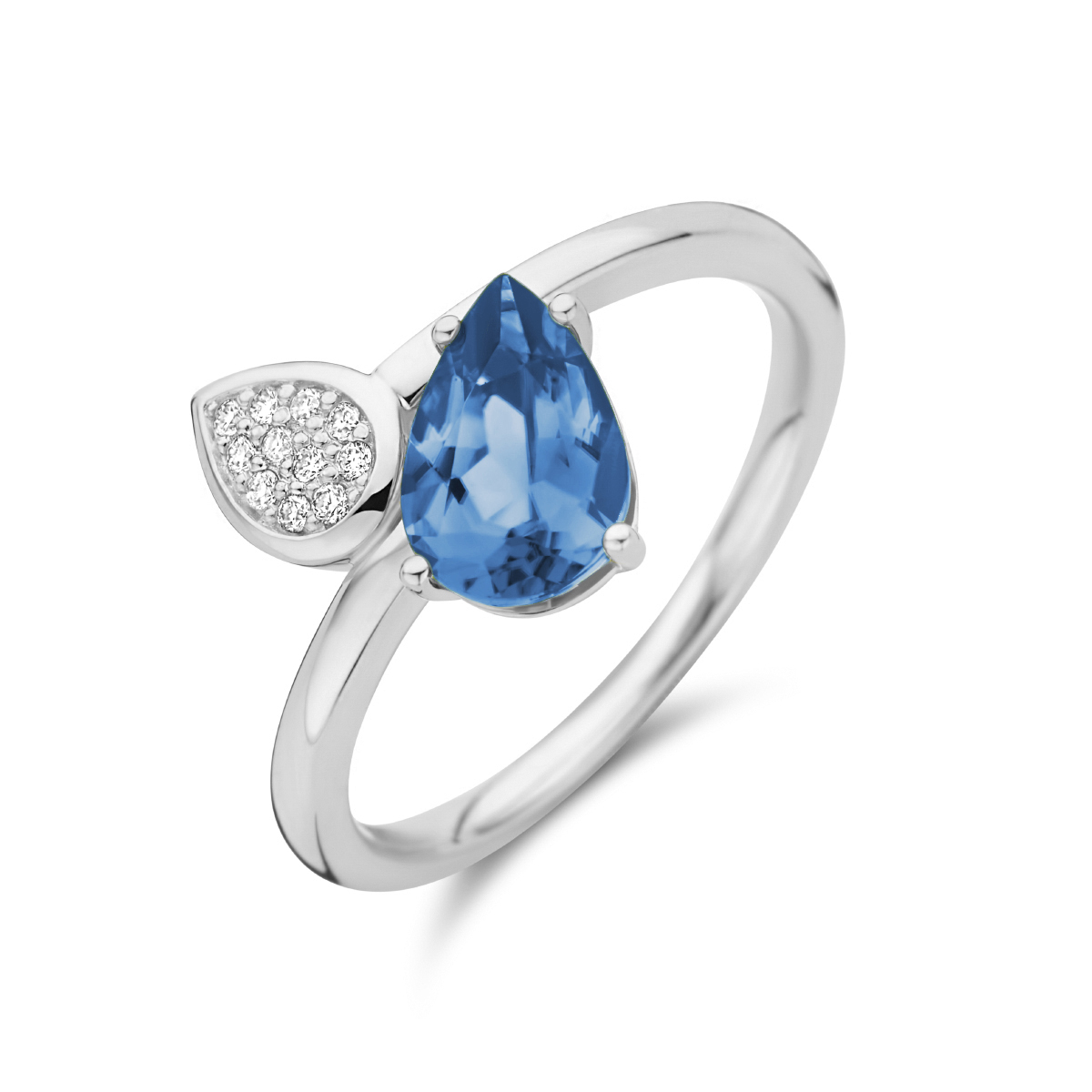 14k Witgouden ring uitgevoerd met schitterende London blue topaas en diamant. De ring heeft een afmeting van 14x10mm. De topaas heeft een steengewicht van 1.50ct en het diamantgewicht is 0.055ct.