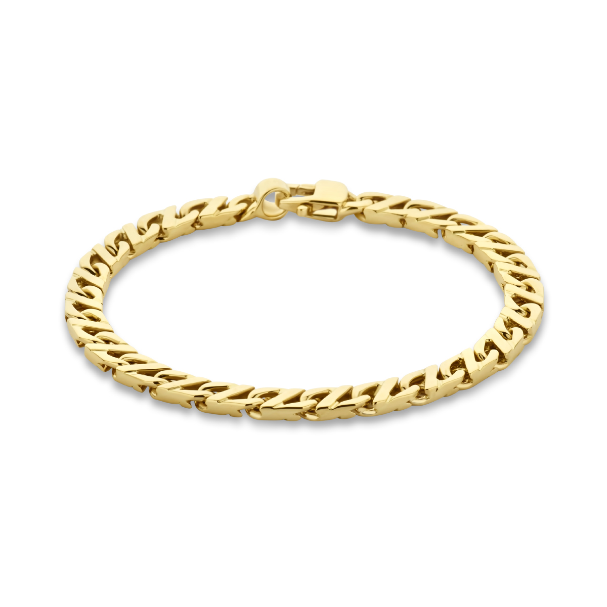 14k Geelgouden armband uitgevoerd met een schakel van 6mm. De armband heeft een draaglengte van 21cm en is uitgevoerd met karabijnsluiting.