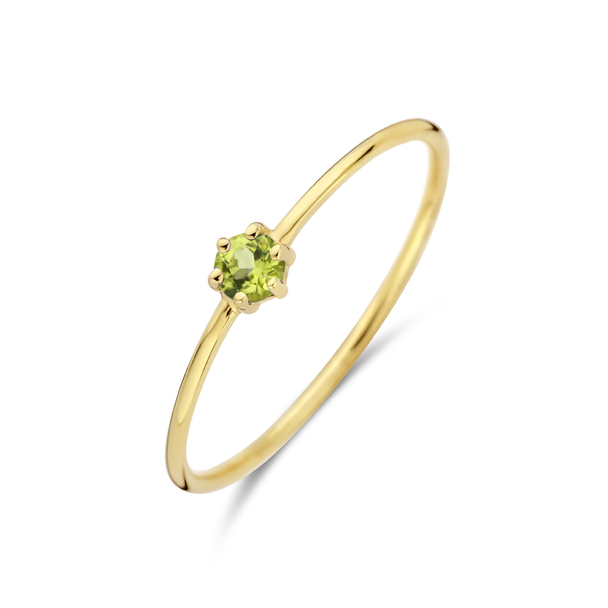 14k Geelgouden ring uitgevoerd met een schitterende peridot. De ring heeft een breedte van 4mm en de peridot heeft een steengewicht van 0.13ct.