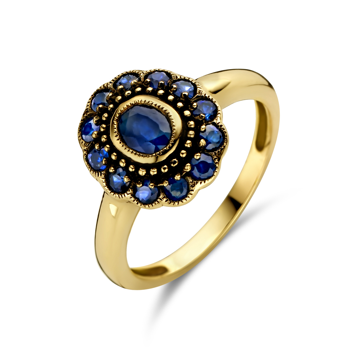 14k Geelgouden ring uitgevoerd met saffier. De ring heeft een breedte van 12.5mm.