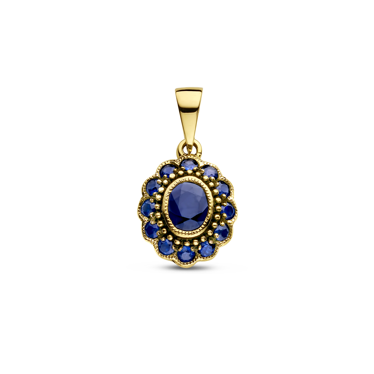 14k Geelgouden hanger uitgevoerd met saffier. De hanger heeft een totale hoogte van 18mm.