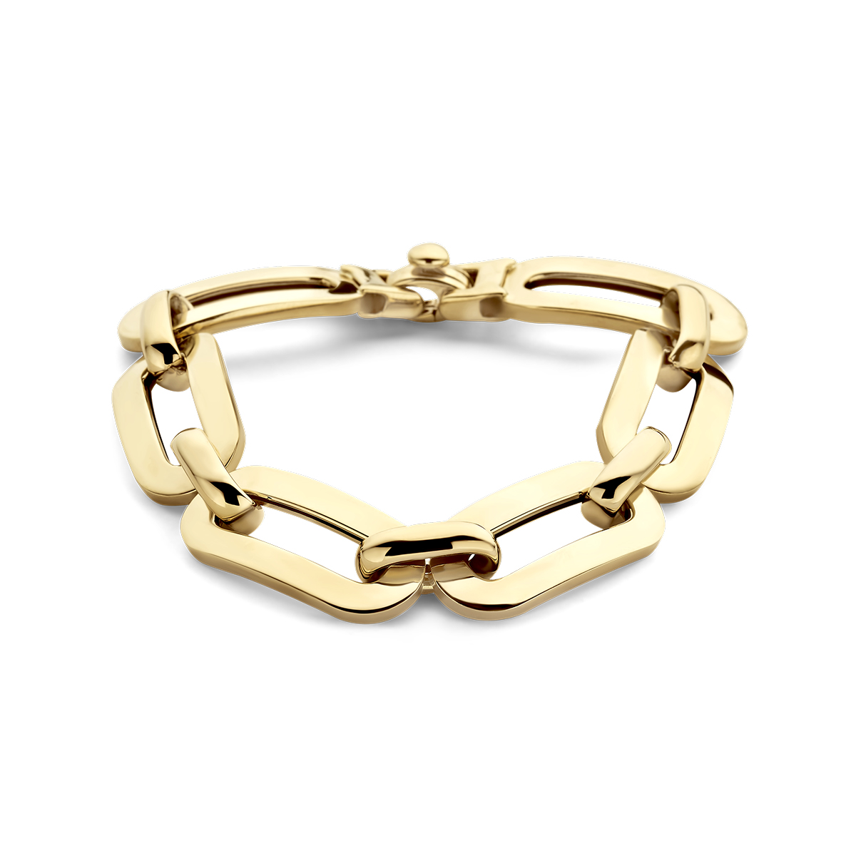 14k Geelgouden armband met een draaglengte van 20cm en een karabijn sluiting. De schakelbreedte is 13.5mm.