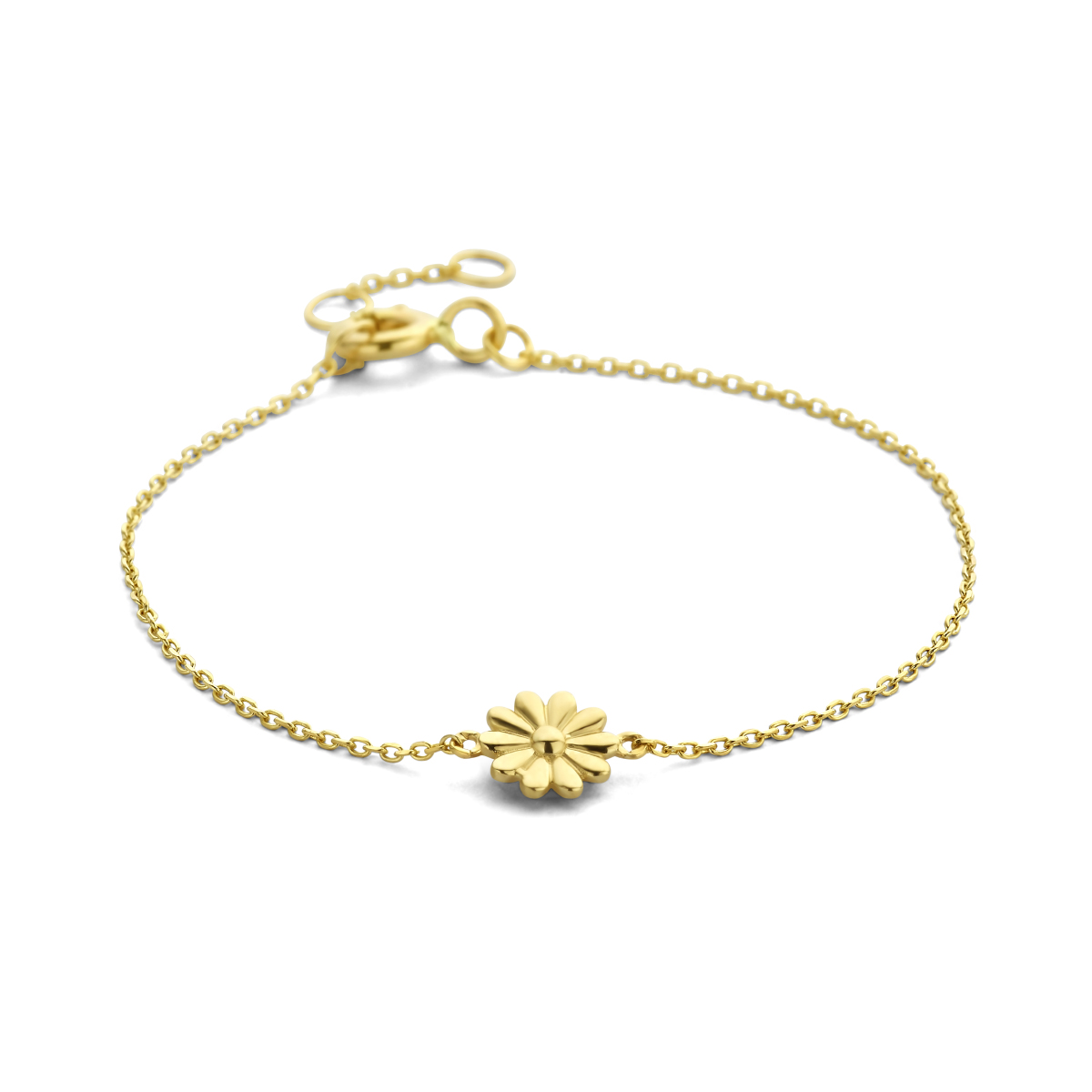 14k Geelgouden armband met een bloem voorstelling. De armband heeft draaglengtes van 11, 12 en 13cm. De schakelbreedte is 0.8mm.