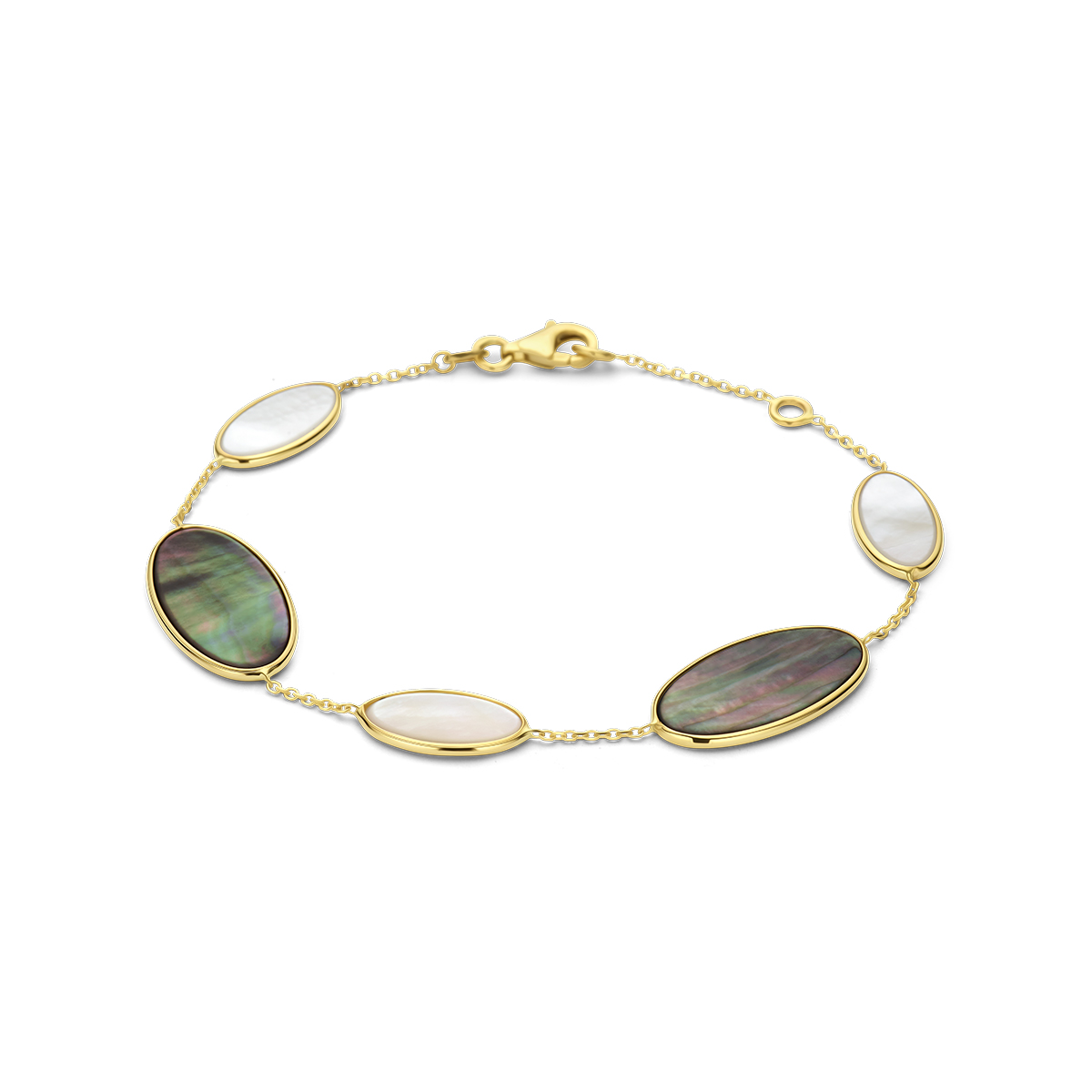 14k Geelgouden armband uitgevoerd met ovaalvormige elementen met parelmoer. De armband heeft draaglengtes van 17 en 19cm. De schakelbreedte is 1.1mm. De armband heeft een karabijn sluiting.