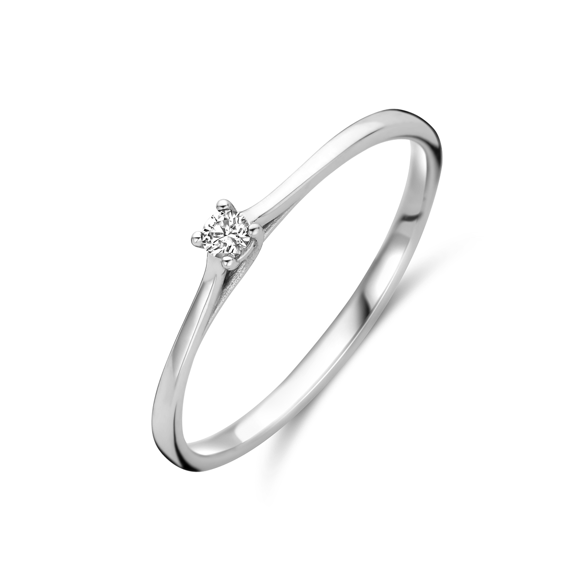 14k Witgouden ring uitgevoerd met een diamant. De ring heeft een breedte van 2.5mm.