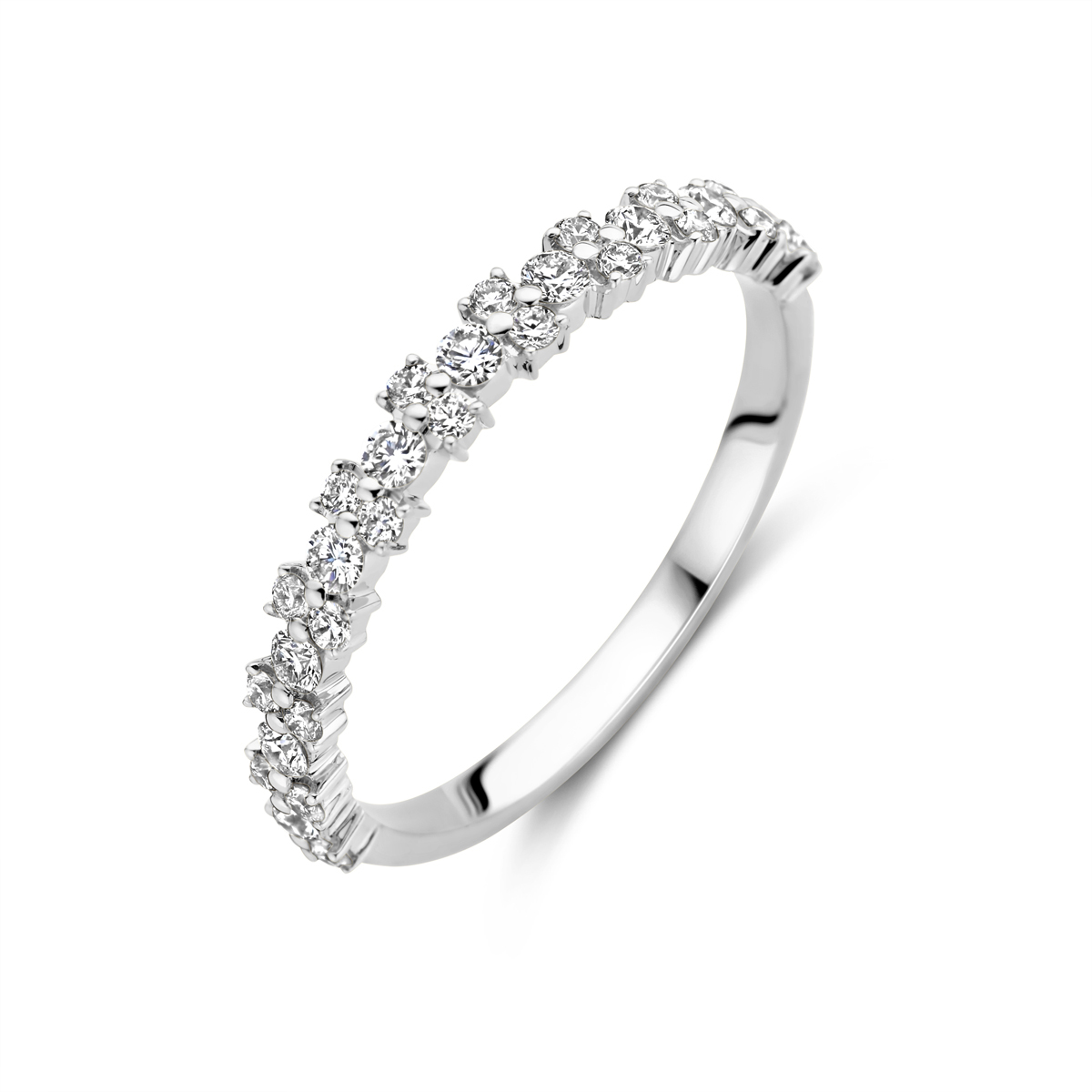 14k Witgouden ring uitgevoerd met schitterende diamant. De ring heeft een breedte van 3mm. Het diamantgewicht is 0.44ct.