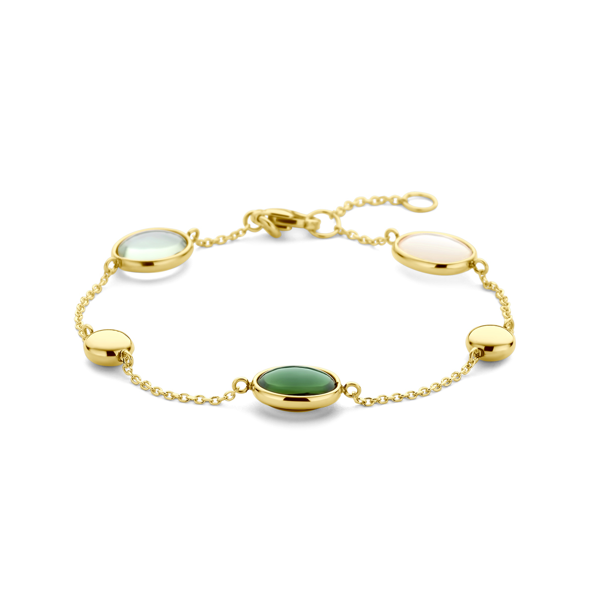 14k Geelgouden armband uitgevoerd met wit aventurijn, groen amethist en groen toermalijn kwarts. De armband heeft draaglengtes van 17-19cm. De schakelbreedte is 1.1mm.