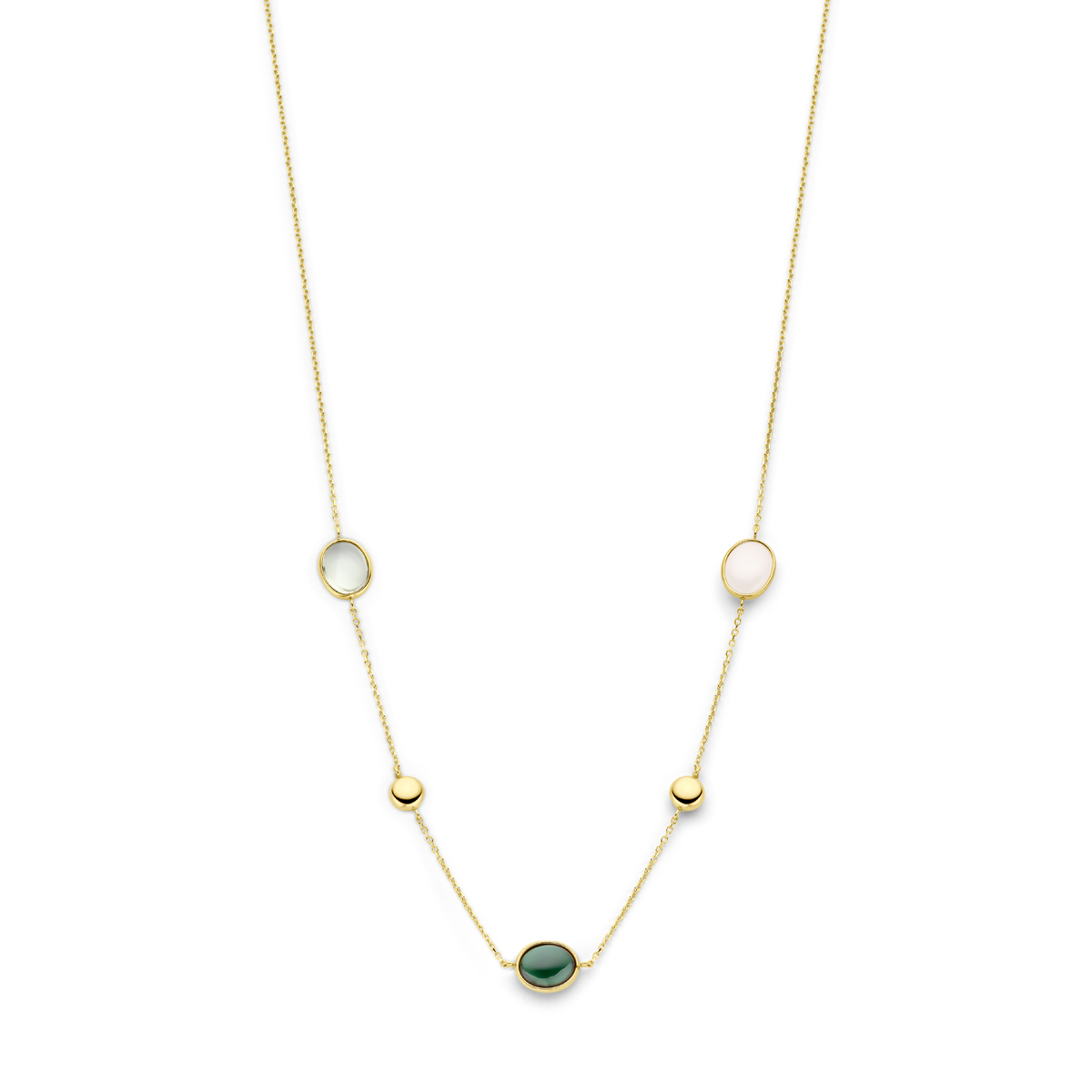 14k Geelgouden collier uitgevoerd met wit aventurijn, groen amethist en groen toermalijn kwarts. Het collier heeft draaglengtes van 42-45cm. De schakelbreedte is 1.1mm.