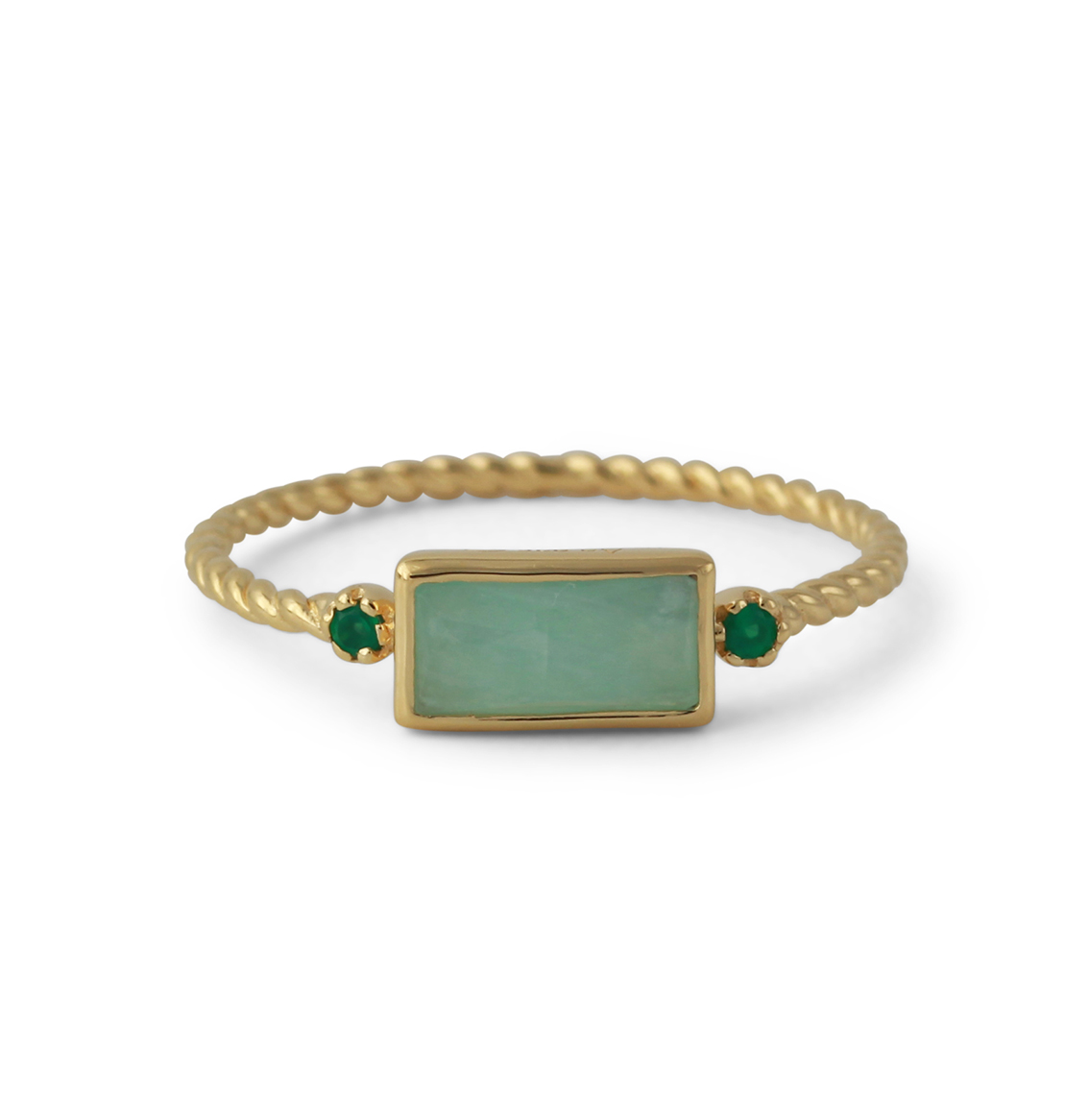 zilver vergulde ring met amazonit en groene onyx.