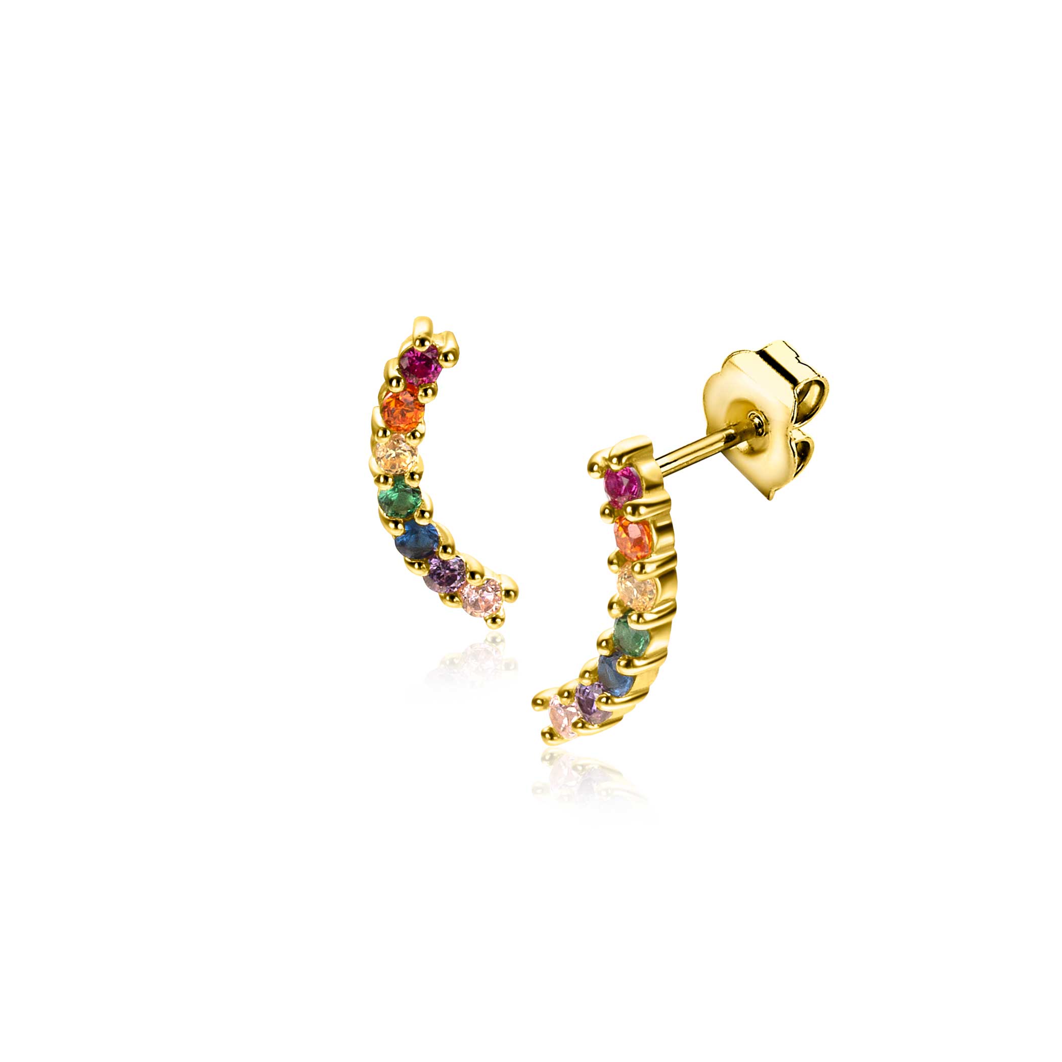 ZINZI gold plated zilveren oorknoppen (10mm) met een trendy golfje bezet met regenboog kleurstenen. Staat sierlijk op je oorlel door het fijne formaat van 10mm. Vervaardigd van eerste gehalte zilver (925) en extra geel verguld.