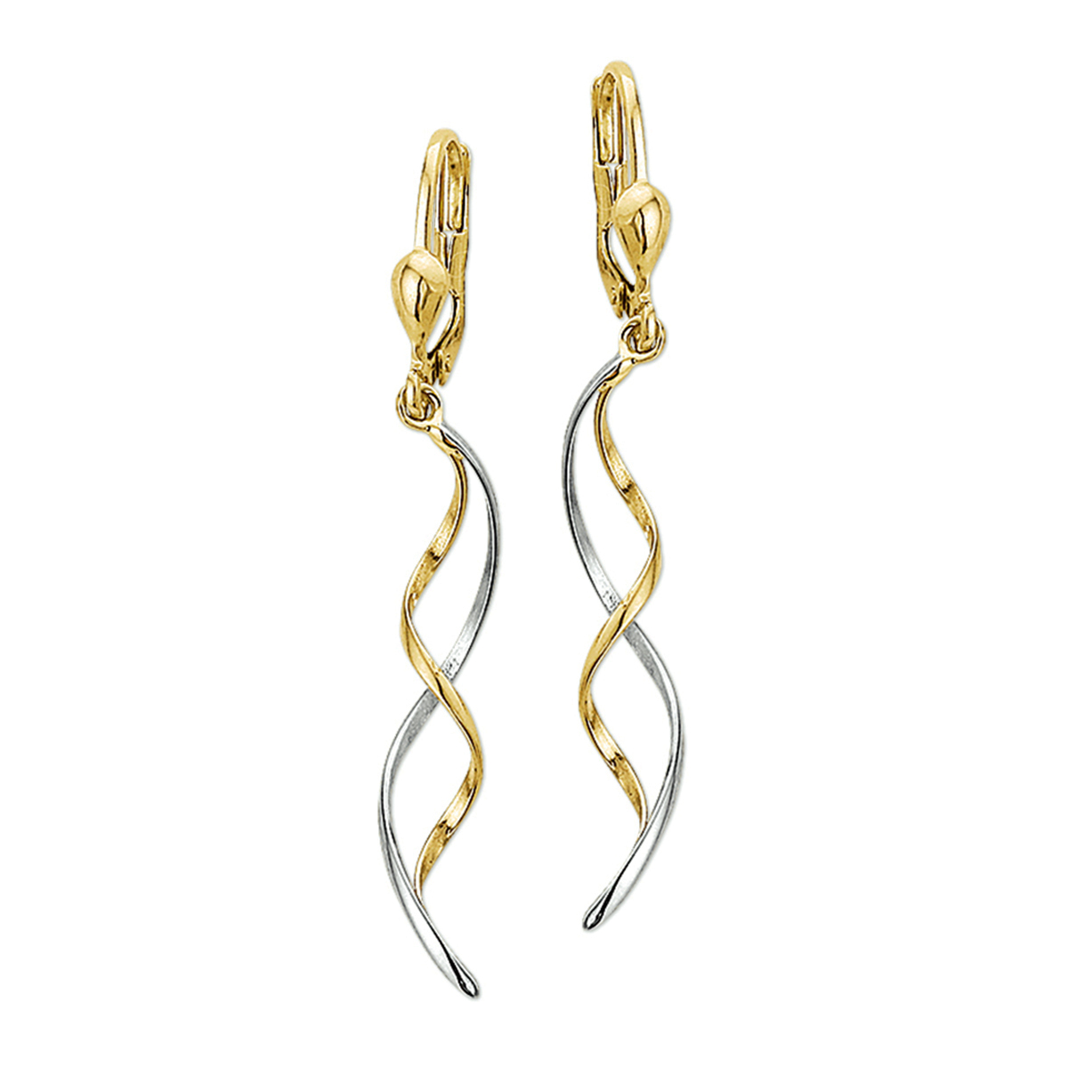 Beschrijving: Deze oorhangers zijn een spannend samenspel tussen de twee verschilende kleuren. De verfijnde lijnen en vormen maken het een speels geheel. Details: Bicolor wit- en geelgouden oorhangers. 
Verpakt per: 1
Doelgroep: dames
Breedte: 6.5 mm
Hoogte: 47 mm