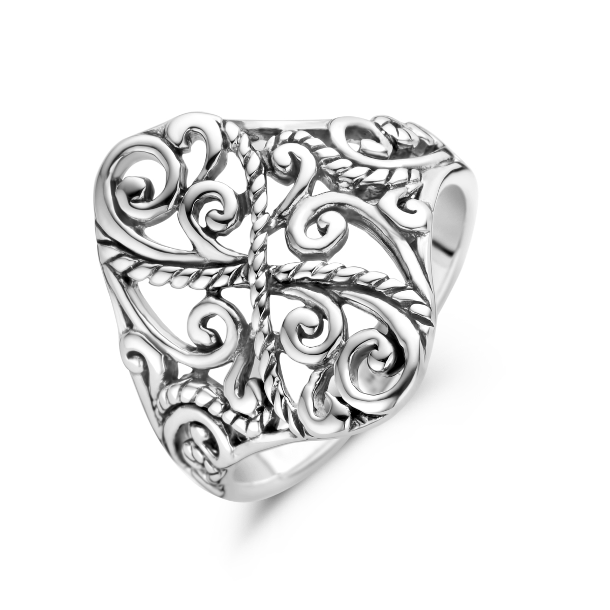 Gerhodineerd 925 zilveren filigrain ring met een breedte van 19.5mm.