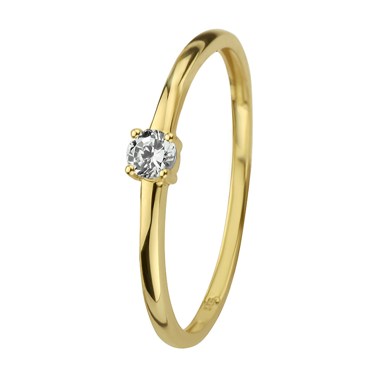 14k Geelgouden ring uitgevoerd met een schitterende zirkonia. De ring heeft een breedte van 3mm.