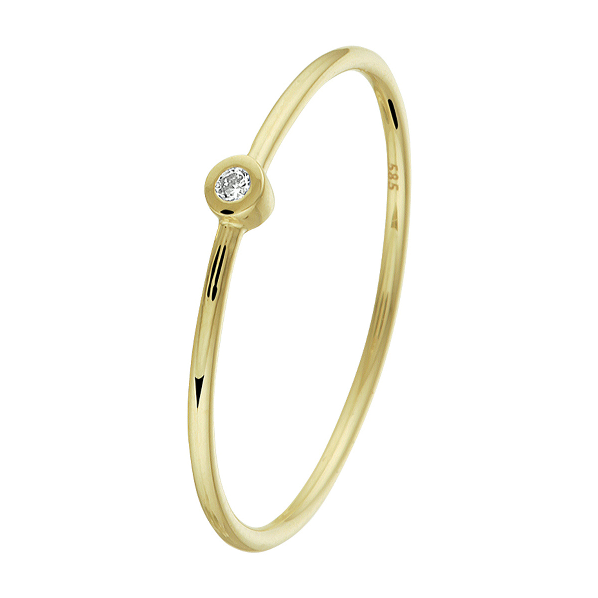 14k Geelgouden ring uitgevoerd met een schitterende diamant. De ring heeft een breedte van 2.5mm en een sterke scheen door getrokken draad.